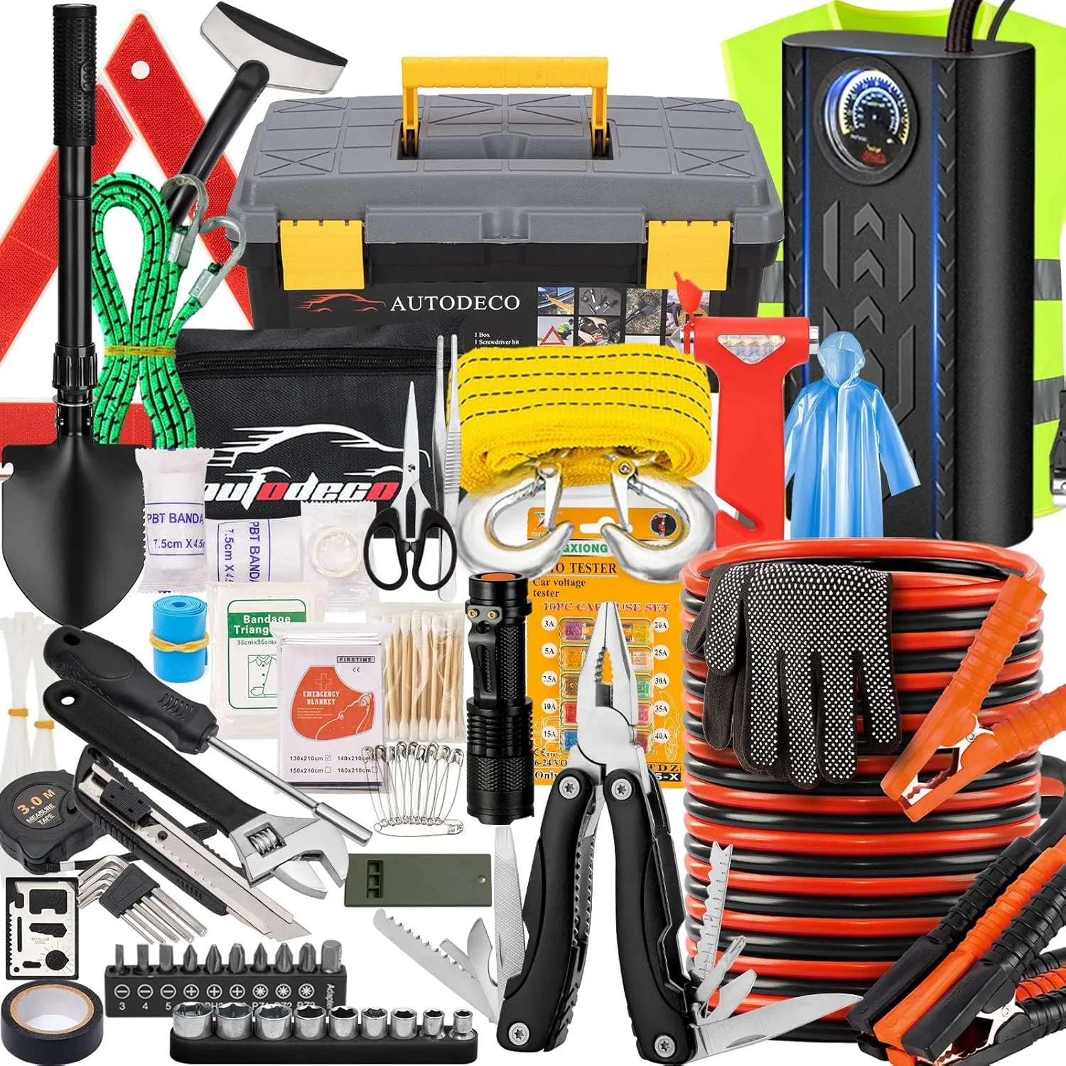 AUTODECO 98 PCS Roadside Car Emergency Assistance Kit with Portable Air Compressor Jumper Cables Safety Hammer All in One Pliers Tool Set（Black）