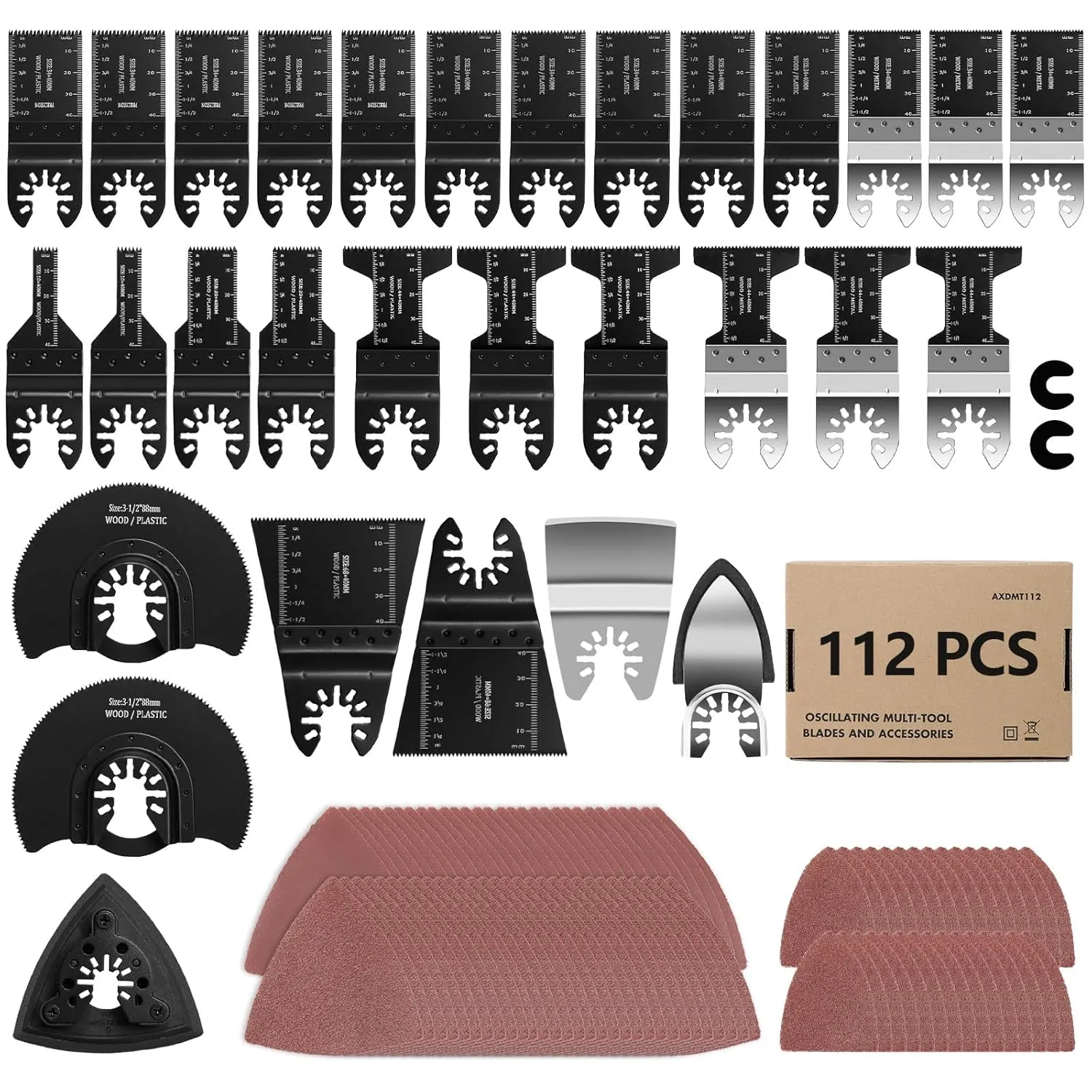 AVID POWER 112Pcs Oscillating Saw Blades Quick Release Oscillating Multitool Blades with Sandpapers Universal Oscillating Tool Accessories for Cutting Metal/Wood/Plastic, Compatible with Most Brands