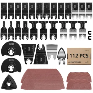 AVID POWER 112Pcs Oscillating Saw Blades Quick Release Oscillating Multitool Blades with Sandpapers Universal Oscillating Tool Accessories for Cutting Metal/Wood/Plastic, Compatible with Most Brands