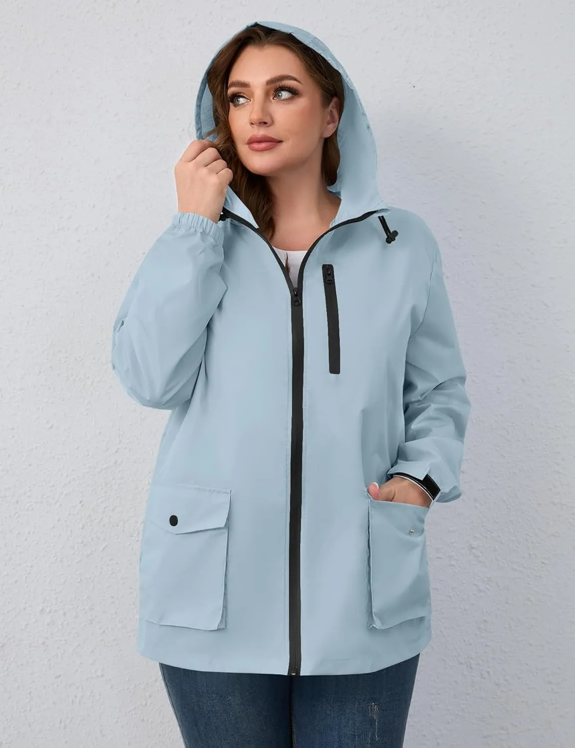 Avoogue Plus Size Womens Rain Jacket with Hood,Packable,Lightweight,Windbreaker,Waterproof Thin Jackets,Hiking,Travel