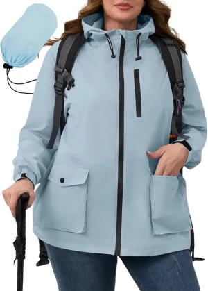 Avoogue Plus Size Womens Rain Jacket with Hood,Packable,Lightweight,Windbreaker,Waterproof Thin Jackets,Hiking,Travel