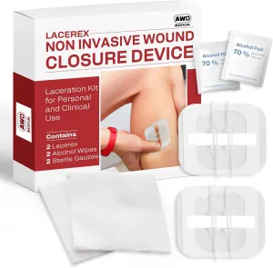 AWD Zip Stitch Surgical Wound Closure Strips - 2 Zipstitch Devices, 2 Sterile Gauzes, 2 Alcohol Wipes - Emergency Laceration Device for Cuts Without Stitches - Steri Strips First Aid & Survival