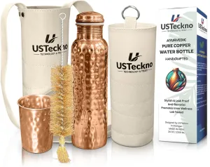 Ayurvedic Copper Water Bottle w/Tumbler, Carrying Bag & Sleeve| Travel, Yoga, Gym Lower Your Sugar Intake And Enjoy Health Benefits | Lab Tested