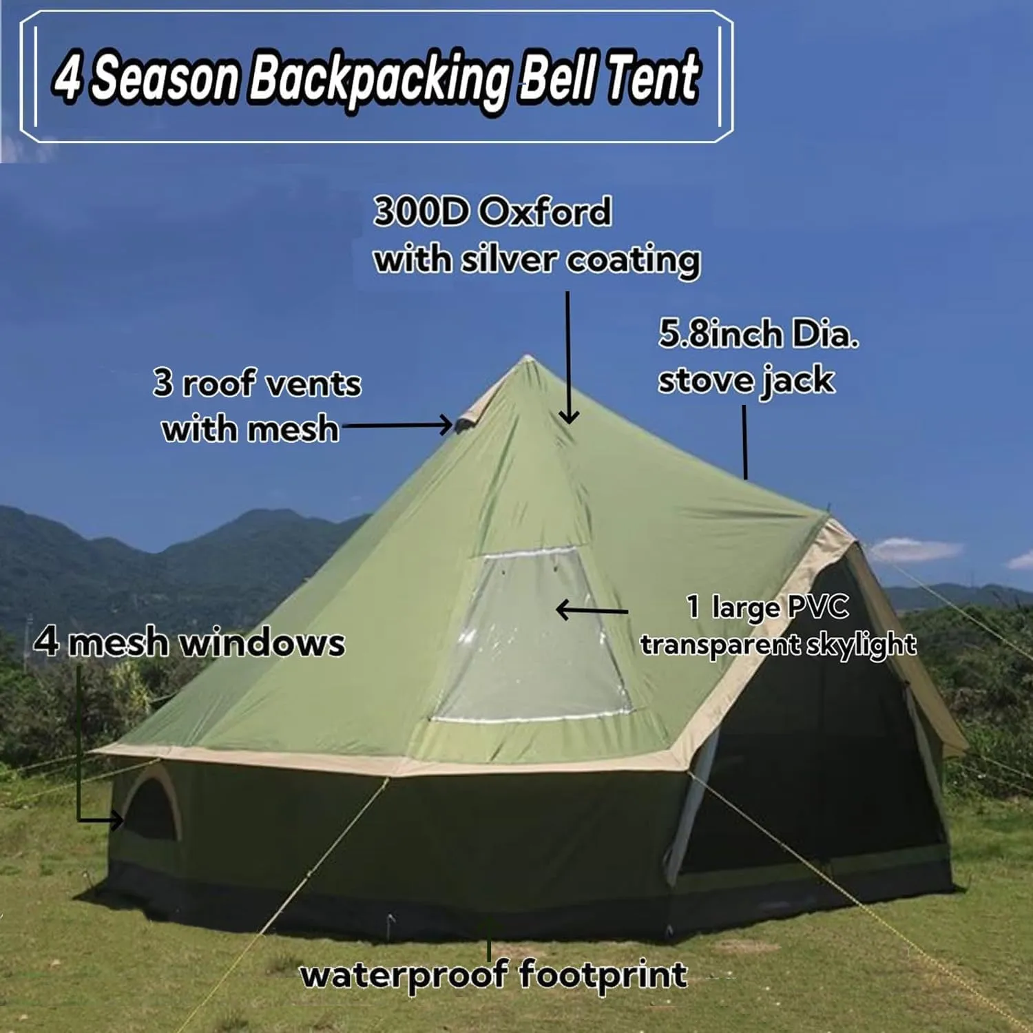 Backpacking Bell Tent with Top Stove Jack for All Year Living, 300D Oxford Waterproof Yurt Tents House for Camping Glamping, Parties, Outdoor Events-13/16.4FT