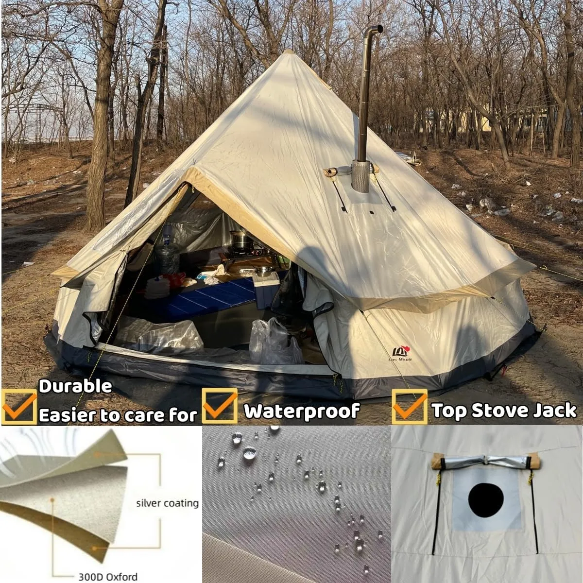 Backpacking Bell Tent with Top Stove Jack for All Year Living, 300D Oxford Waterproof Yurt Tents House for Camping Glamping, Parties, Outdoor Events-13/16.4FT