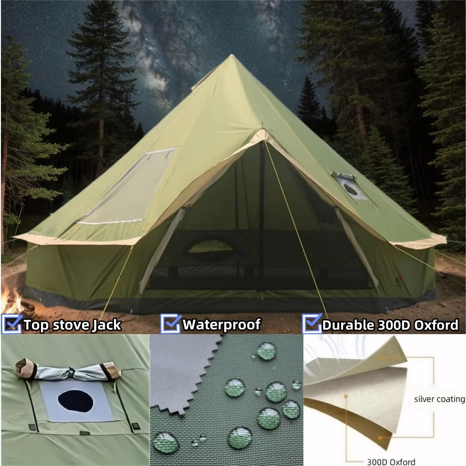 Backpacking Bell Tent with Top Stove Jack for All Year Living, 300D Oxford Waterproof Yurt Tents House for Camping Glamping, Parties, Outdoor Events-13/16.4FT