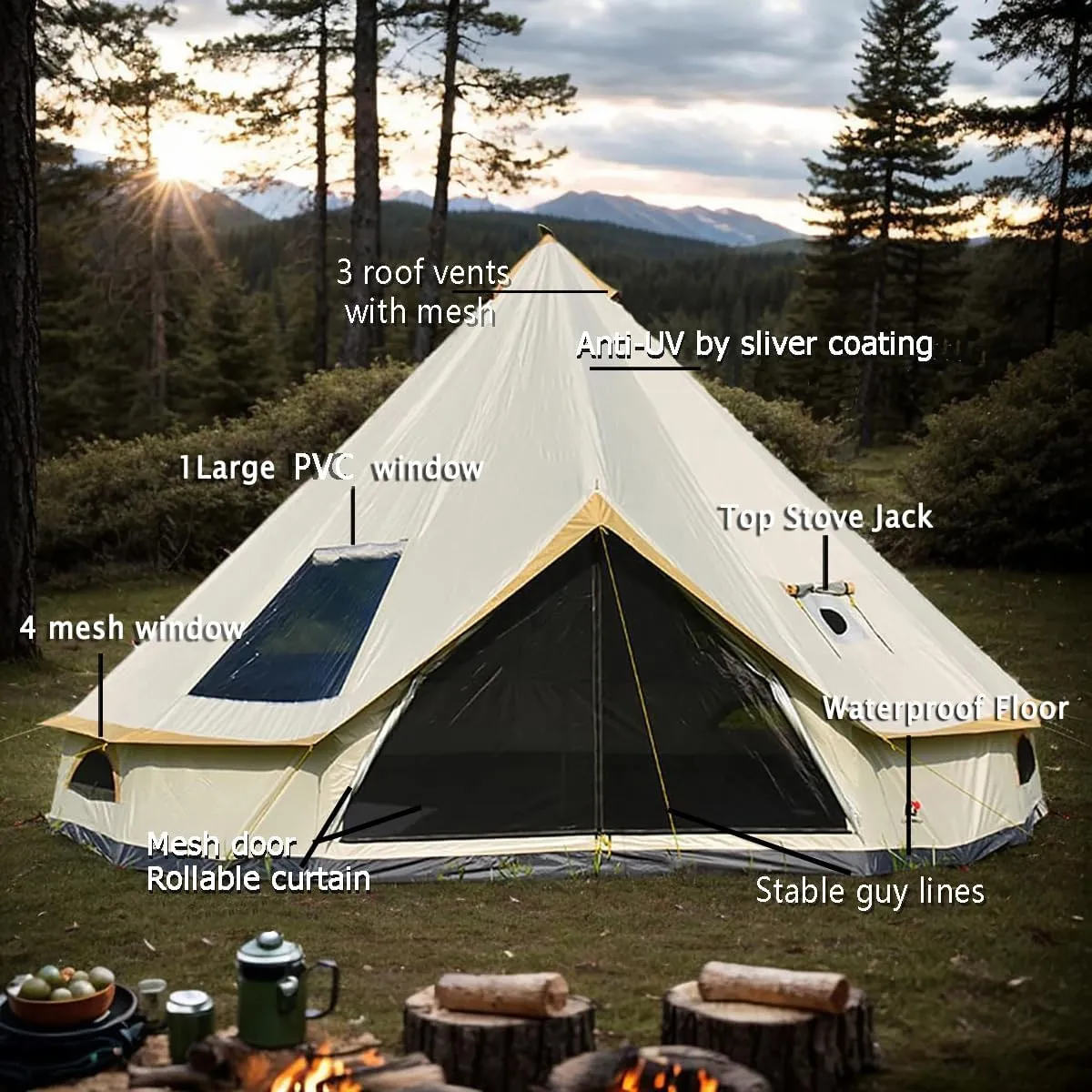 Backpacking Bell Tent with Top Stove Jack for All Year Living, 300D Oxford Waterproof Yurt Tents House for Camping Glamping, Parties, Outdoor Events-13/16.4FT