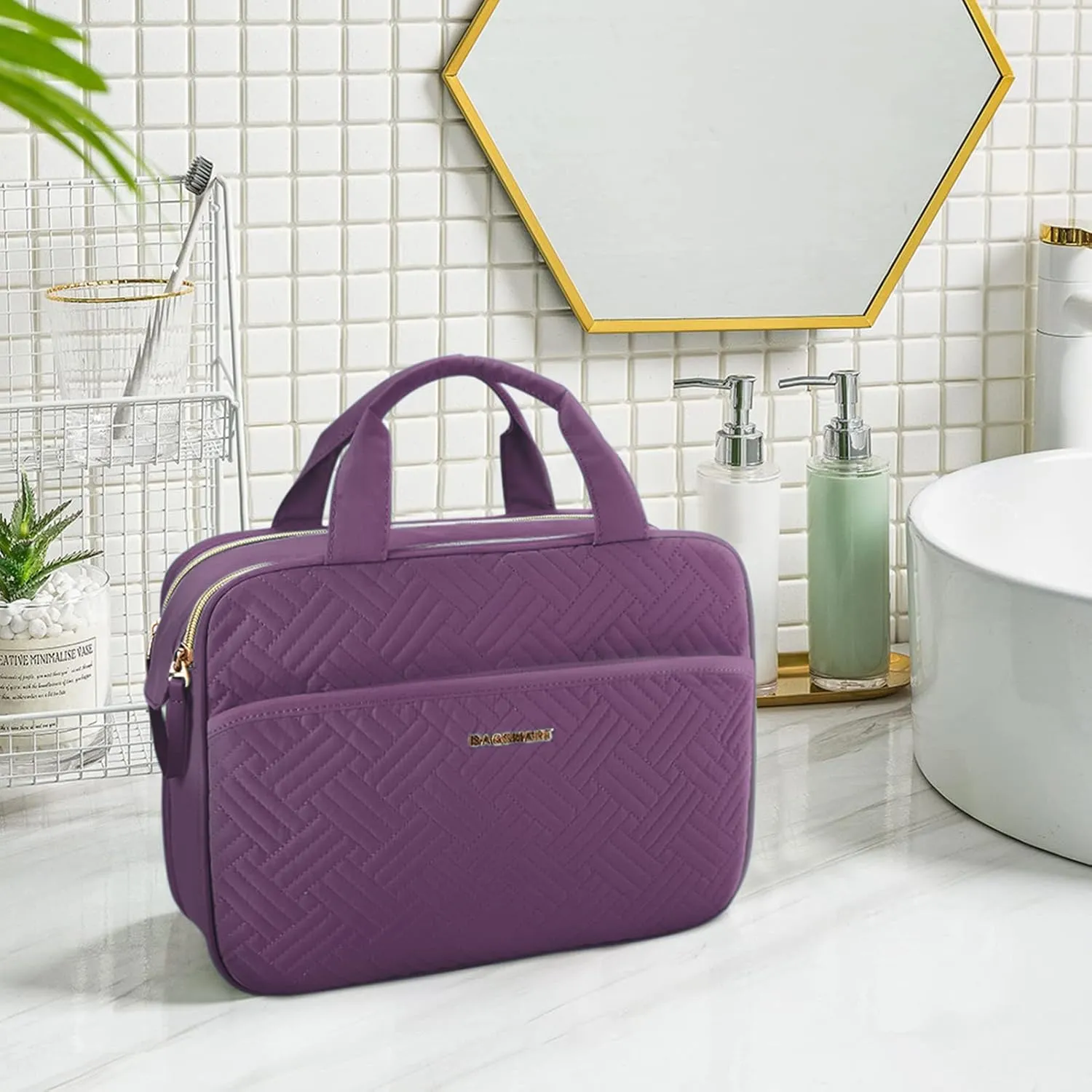 BAGSMART Large Toiletry Bag, Travel Makeup Organizer Water-resistant Makeup Cosmetic Bag Travel Bag for Accessories, Shampoo, Full Sized Container, Toiletries (Purple, Medium)