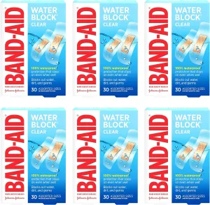 Band-Aid Brand Water Block Clear Waterproof Sterile Adhesive Bandages for First-Aid Wound Care of Minor Cuts and Scrapes, Assorted Sizes, 30 ct (Pack of 6)
