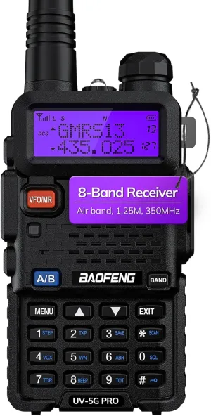 BAOFENG UV-5G PRO GMRS Handheld Radio, 5W NOAA/UHF/VHF/Airband Scanner & Receiver, GMRS Repeater Capable, Long Range Rechargeable Two Way Radio, for Adults, Support Chirp Programming