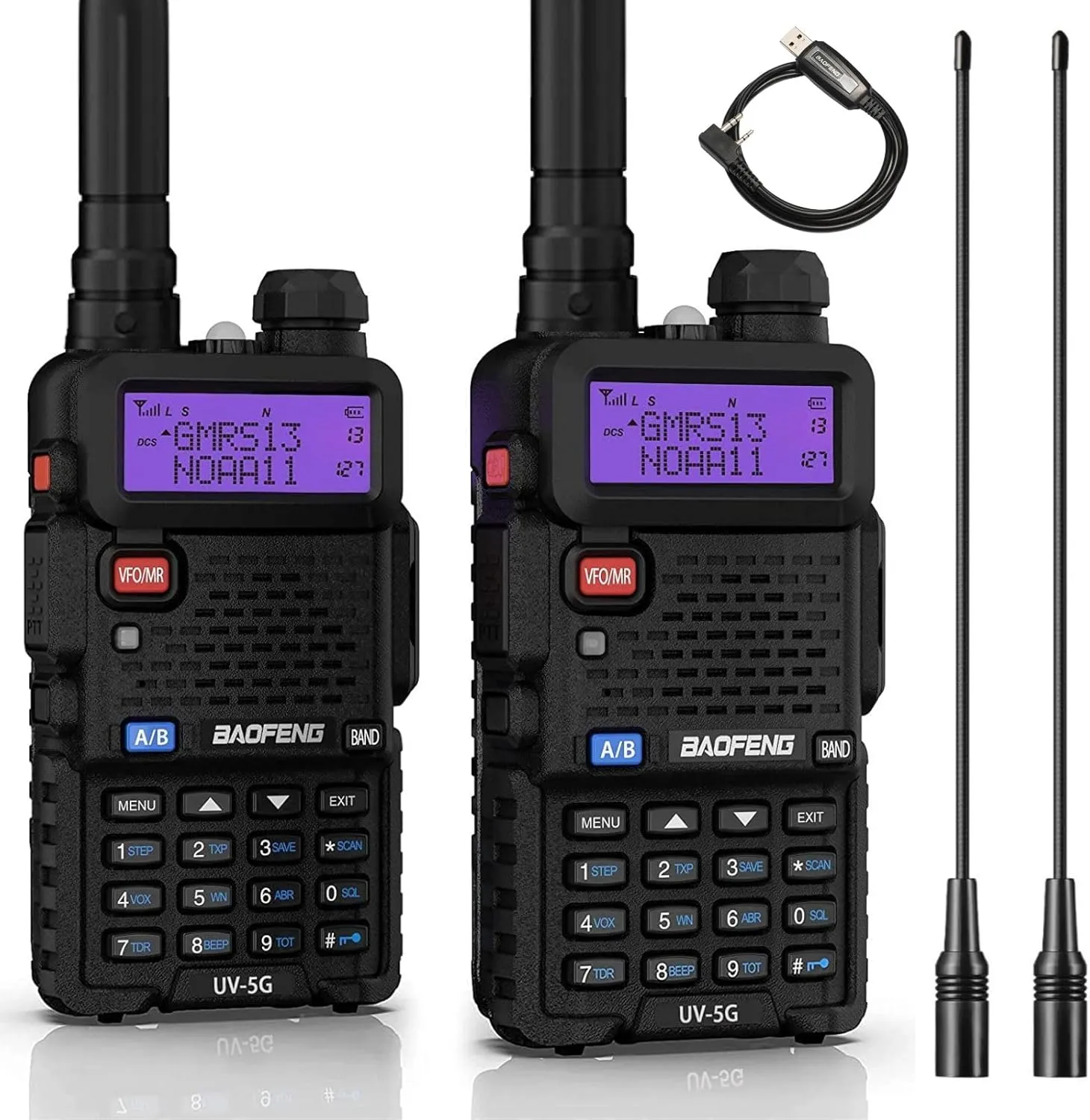 BAOFENG UV-5G (UV-5X) GMRS Handheld Radio, Long Range Rechargeable Two Way Radio for Adults NOAA Weather Receiver & Scanner, with Two 15.5" High Gain Antenna & Programming Cable Support Chirp, 2 Pack
