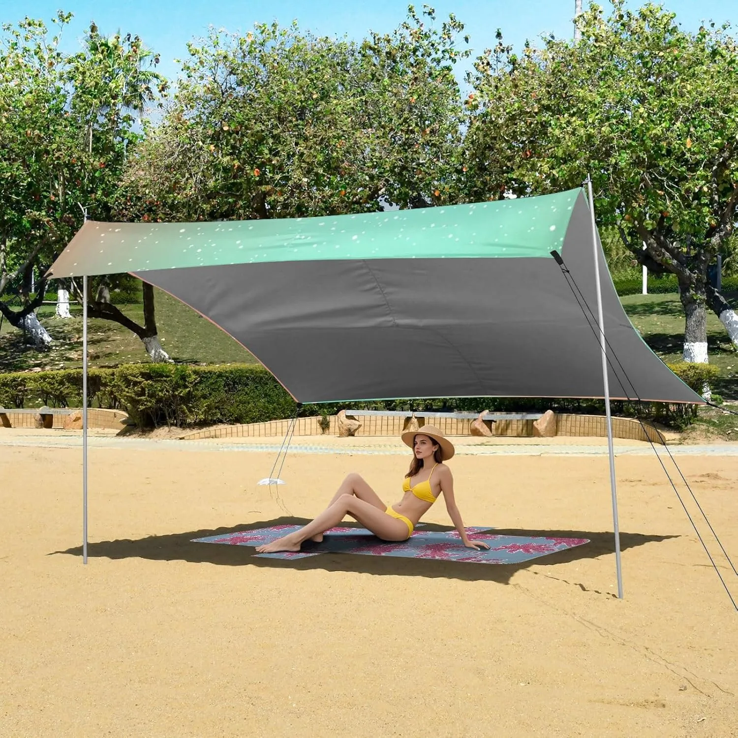 Beach Canopy Tent Sun Shade Outdoor Patio Funny Camping Sun Shelter Yard with Sandbags Anchor Waterproof 9.2 × 10.5 FT Space Stars Nebula Galaxies