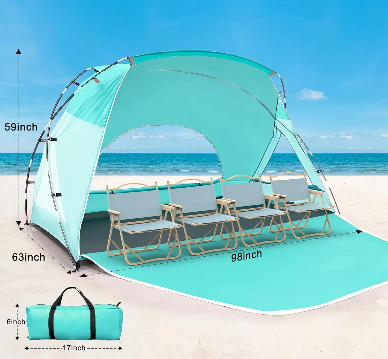 Beach Tent, Portable Sun Shelter for 2/3/4/6-8 Person with UPF 50  UV Protection, Easy Setup Waterproof Beach Shade Canopy Cabana for Family Outdoor and Picnics, Fishing with Carrying Bag