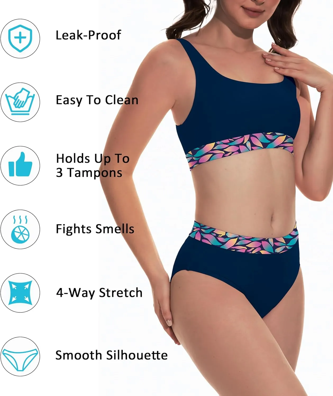 Beautikini Period Swimwear for Teens Two Piece Menstrual Leakproof Swimsuit Bikini Set Mid Waist Print Bathing Suit for Girls