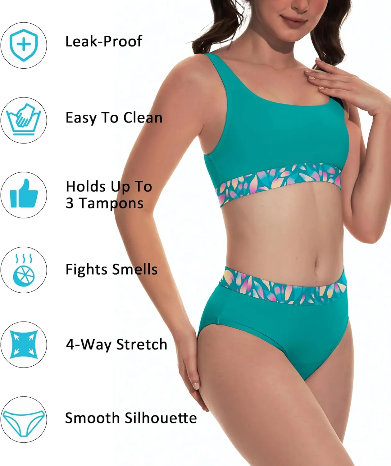 Beautikini Period Swimwear for Teens Two Piece Menstrual Leakproof Swimsuit Bikini Set Mid Waist Print Bathing Suit for Girls