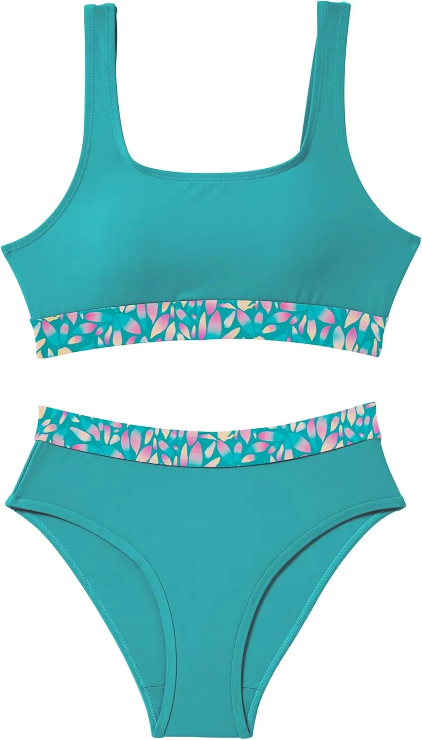 Beautikini Period Swimwear for Teens Two Piece Menstrual Leakproof Swimsuit Bikini Set Mid Waist Print Bathing Suit for Girls