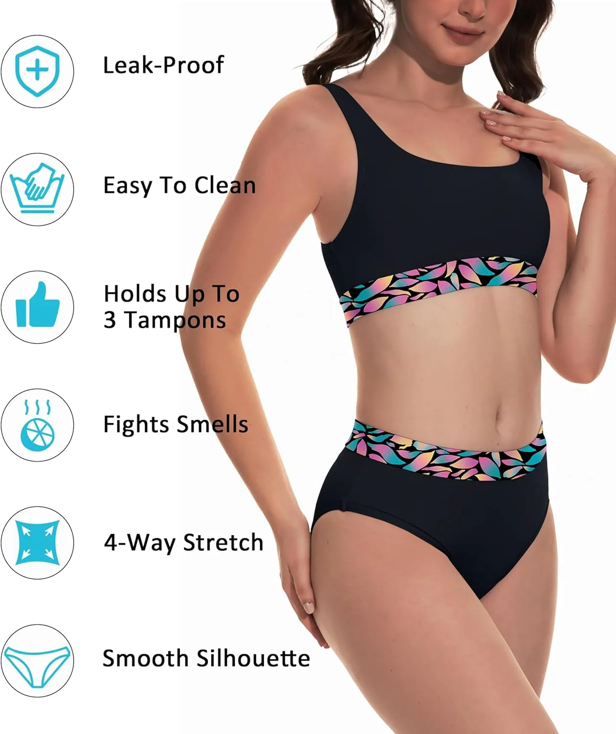 Beautikini Period Swimwear for Teens Two Piece Menstrual Leakproof Swimsuit Bikini Set Mid Waist Print Bathing Suit for Girls