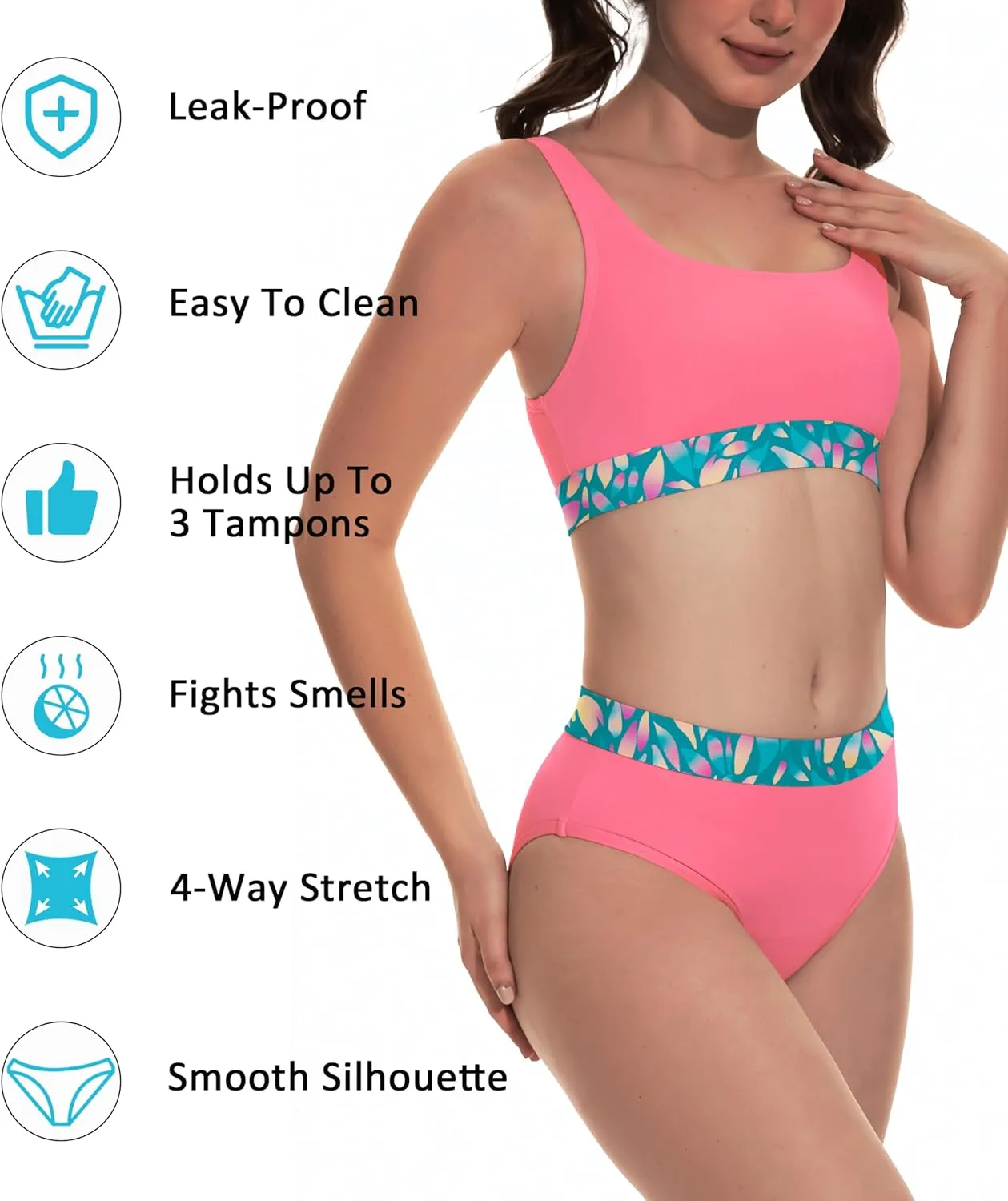 Beautikini Period Swimwear for Teens Two Piece Menstrual Leakproof Swimsuit Bikini Set Mid Waist Print Bathing Suit for Girls