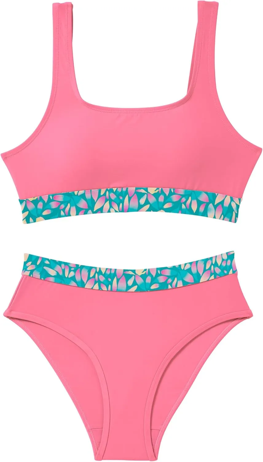 Beautikini Period Swimwear for Teens Two Piece Menstrual Leakproof Swimsuit Bikini Set Mid Waist Print Bathing Suit for Girls