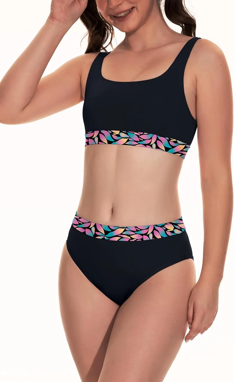 Beautikini Period Swimwear for Teens Two Piece Menstrual Leakproof Swimsuit Bikini Set Mid Waist Print Bathing Suit for Girls