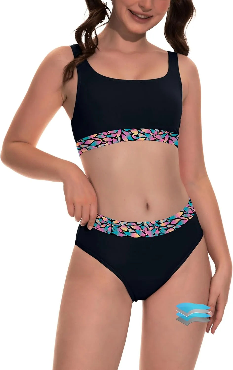 Beautikini Period Swimwear for Teens Two Piece Menstrual Leakproof Swimsuit Bikini Set Mid Waist Print Bathing Suit for Girls