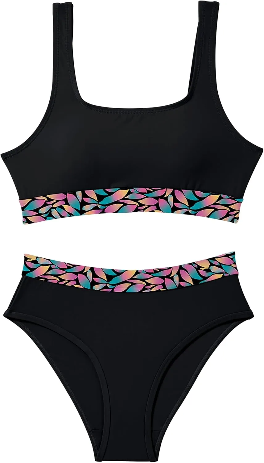 Beautikini Period Swimwear for Teens Two Piece Menstrual Leakproof Swimsuit Bikini Set Mid Waist Print Bathing Suit for Girls