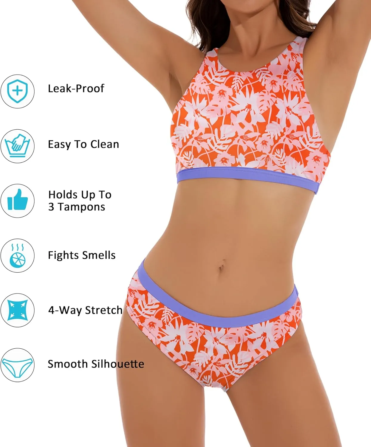 Beautikini Period Swimwear Menstrual Two Piece Swimsuit Leakproof Bikini Sets Sporty Bathing Suit for Teen Girls