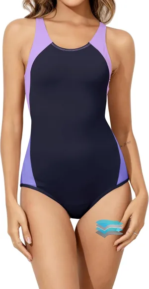 Beautikini Period Swimwear One Piece Leakproof Menstrual Swimsuit Racerback Color Block Bathing Suit for Teen Girls Women