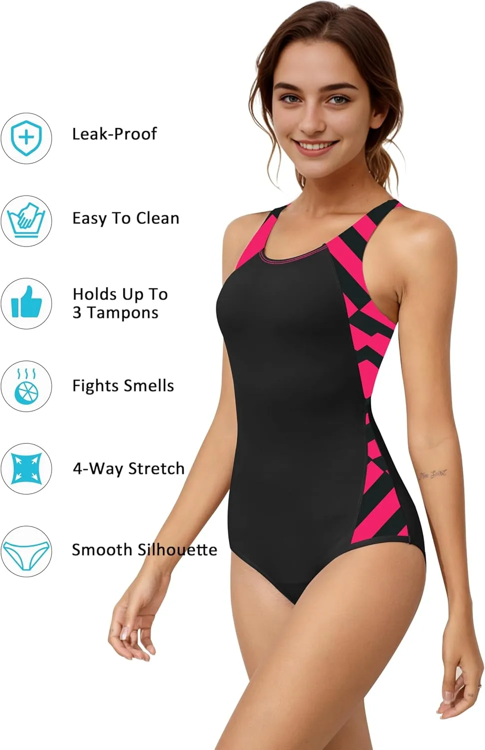 Beautikini Period Swimwear One Piece Leakproof Menstrual Swimsuit Racerback Color Block Bathing Suit for Teen Girls Women