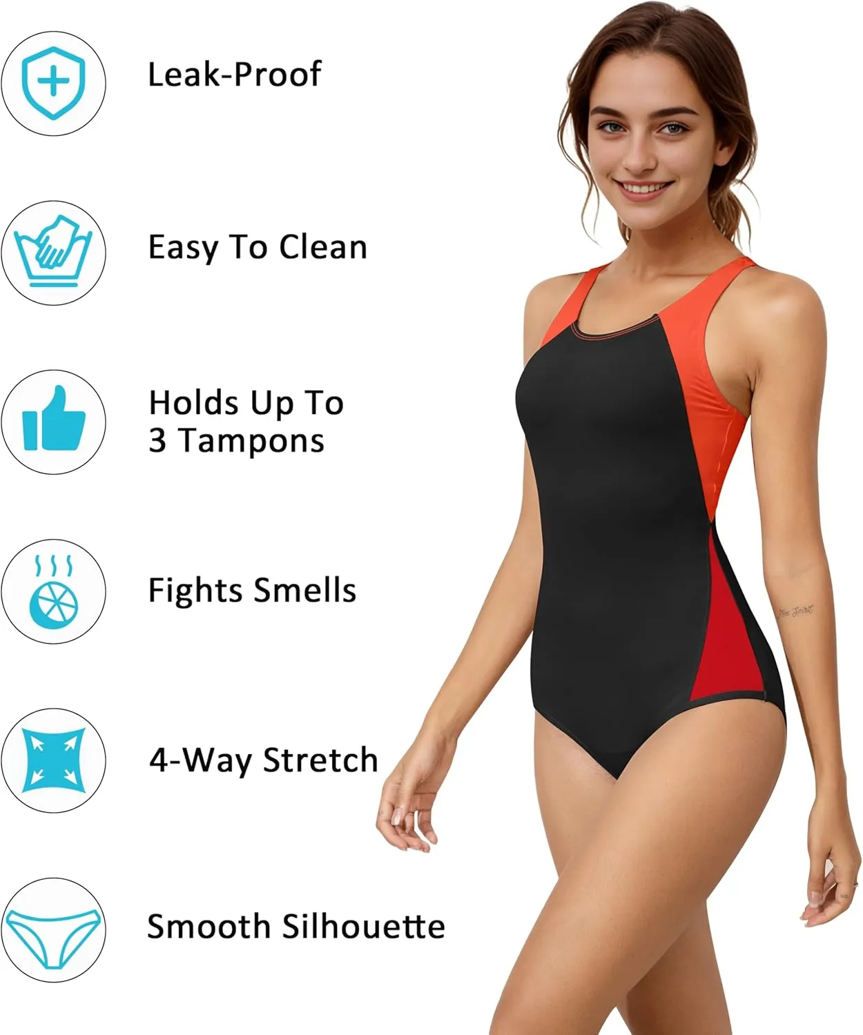 Beautikini Period Swimwear One Piece Leakproof Menstrual Swimsuit Racerback Color Block Bathing Suit for Teen Girls Women