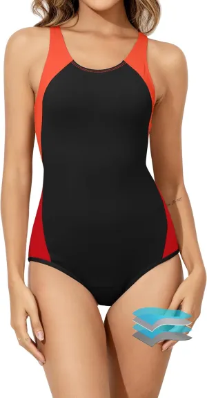Beautikini Period Swimwear One Piece Leakproof Menstrual Swimsuit Racerback Color Block Bathing Suit for Teen Girls Women