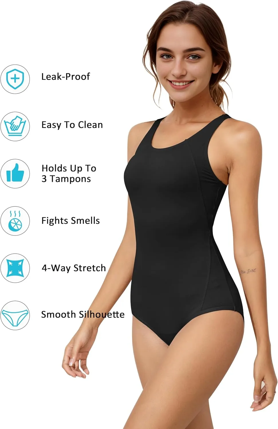 Beautikini Period Swimwear One Piece Leakproof Menstrual Swimsuit Racerback Color Block Bathing Suit for Teen Girls Women