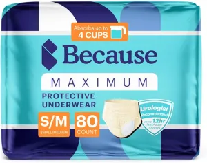 Because Premium Maximum Plus Adult Incontinence and Postpartum Bladder Leak Underwear for Women, Maximum Absorbency, Disposable, Beige, Small/Medium, 80 Count (4 Packs of 20)
