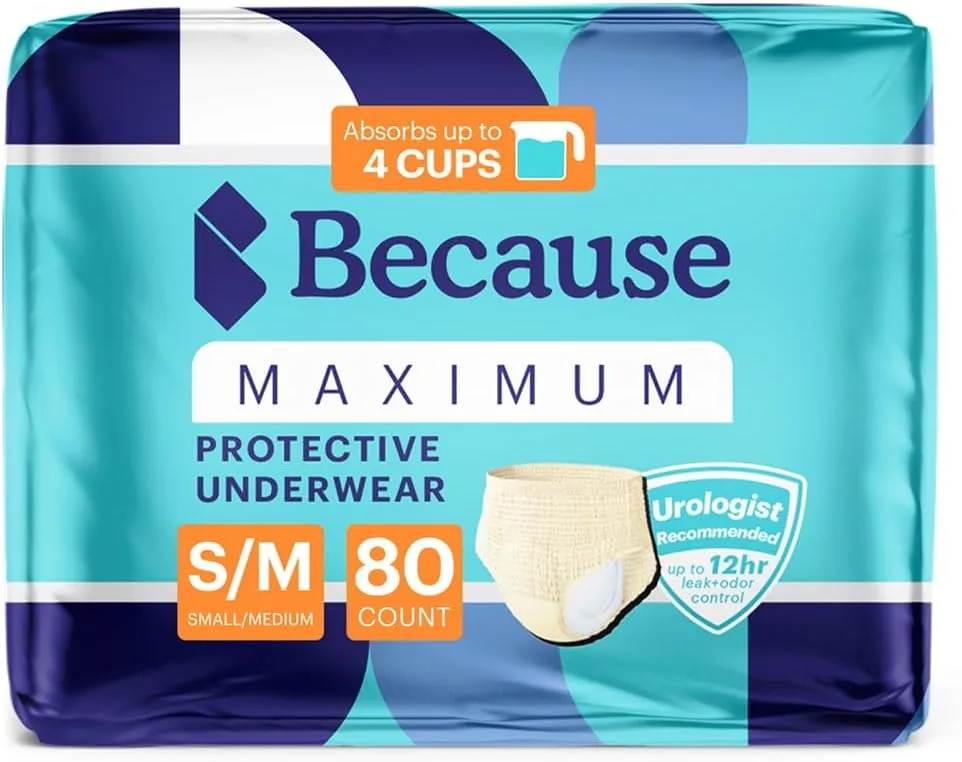 Because Premium Maximum Plus Adult Incontinence and Postpartum Bladder Leak Underwear for Women, Maximum Absorbency, Disposable, Beige, Small/Medium, 80 Count (4 Packs of 20)