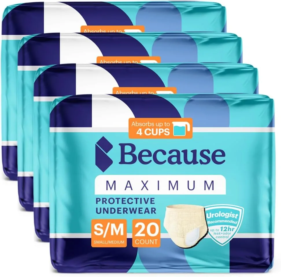 Because Premium Maximum Plus Adult Incontinence and Postpartum Bladder Leak Underwear for Women, Maximum Absorbency, Disposable, Beige, Small/Medium, 80 Count (4 Packs of 20)