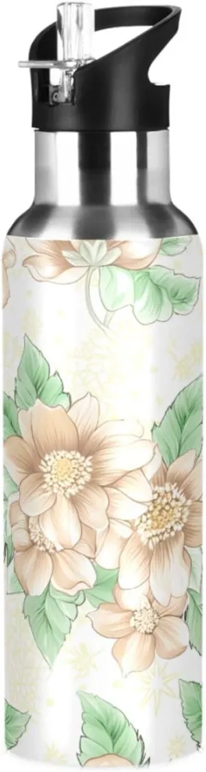 Beige Flowers Sports Water Bottle with Straw, 22oz BPA Free Stainless Steel Vacuum Insulated Bottle for Gym Fitness Outdoor