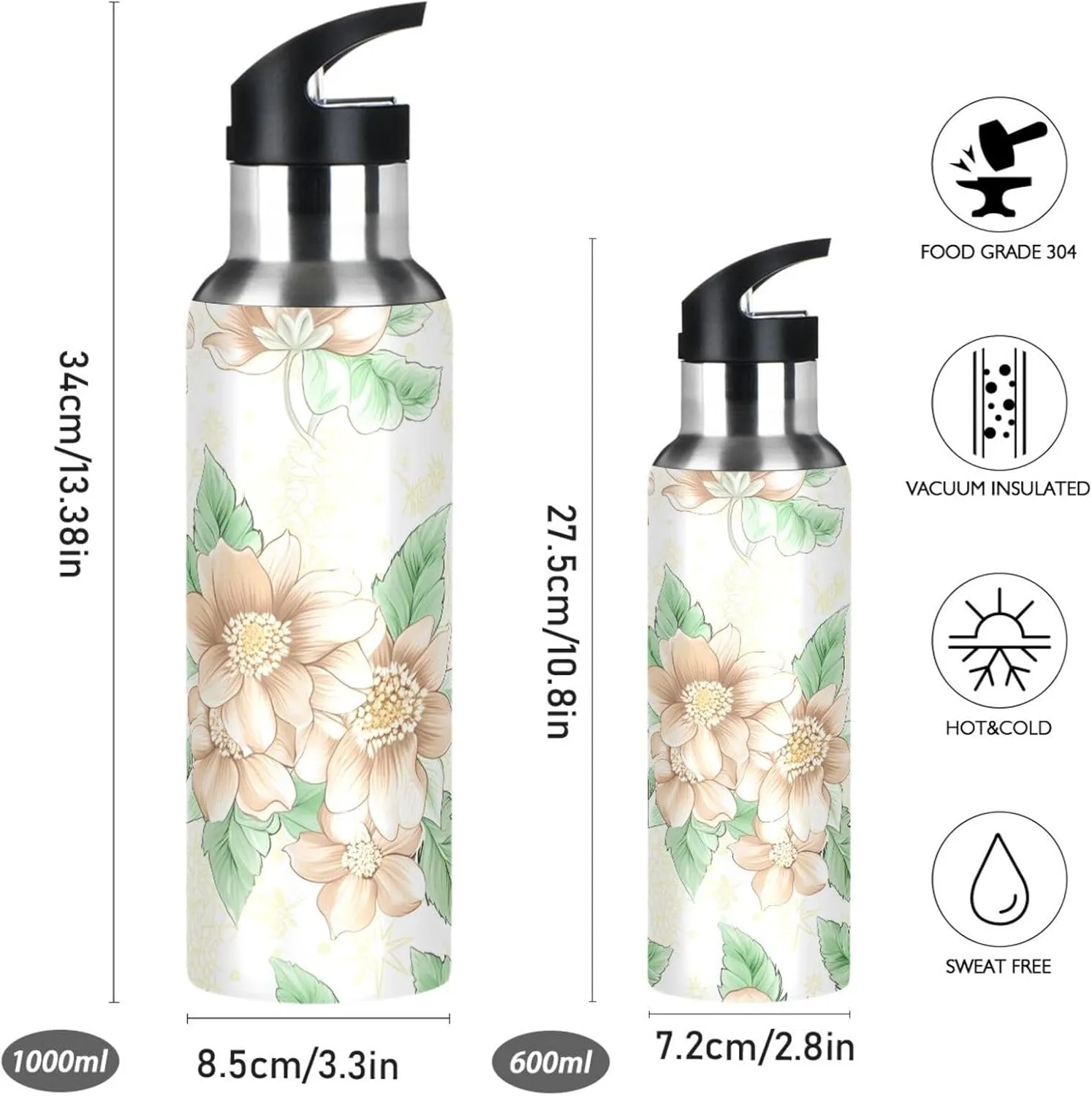 Beige Flowers Sports Water Bottle with Straw, 22oz BPA Free Stainless Steel Vacuum Insulated Bottle for Gym Fitness Outdoor