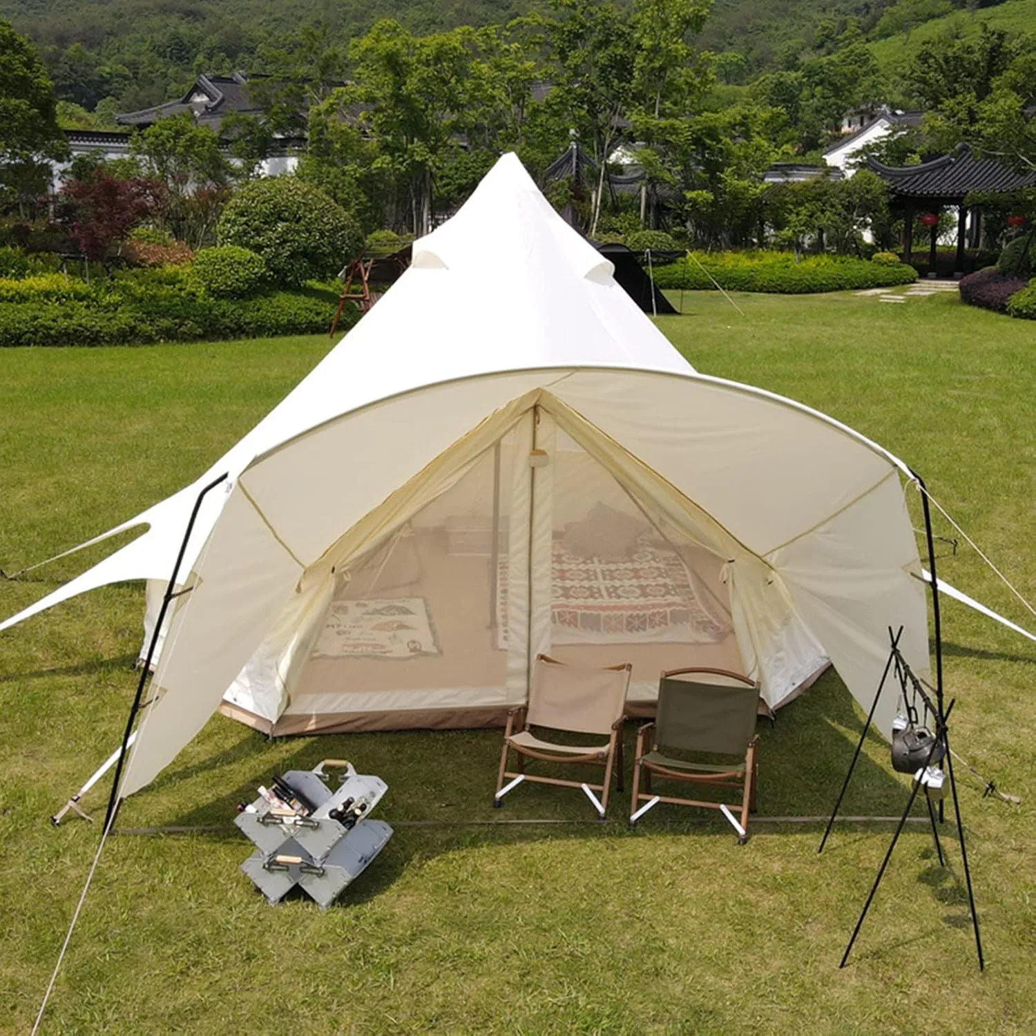 Bell Tent- W/Stove Jack, Waterproof 4 Season Luxury Outdoor Camping and Glamping Yurt Tent for Family Camping Outdoor Hunting Party (Beige 450X600X270CM) (Beige 450X600X270CM)