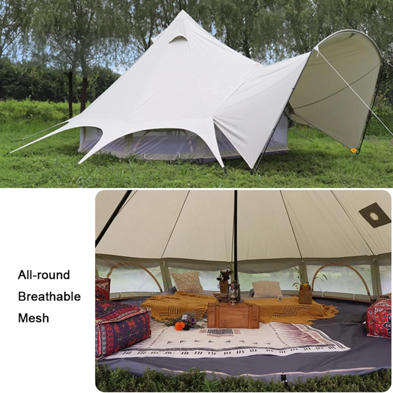 Bell Tent- W/Stove Jack, Waterproof 4 Season Luxury Outdoor Camping and Glamping Yurt Tent for Family Camping Outdoor Hunting Party (Beige 450X600X270CM) (Beige 450X600X270CM)