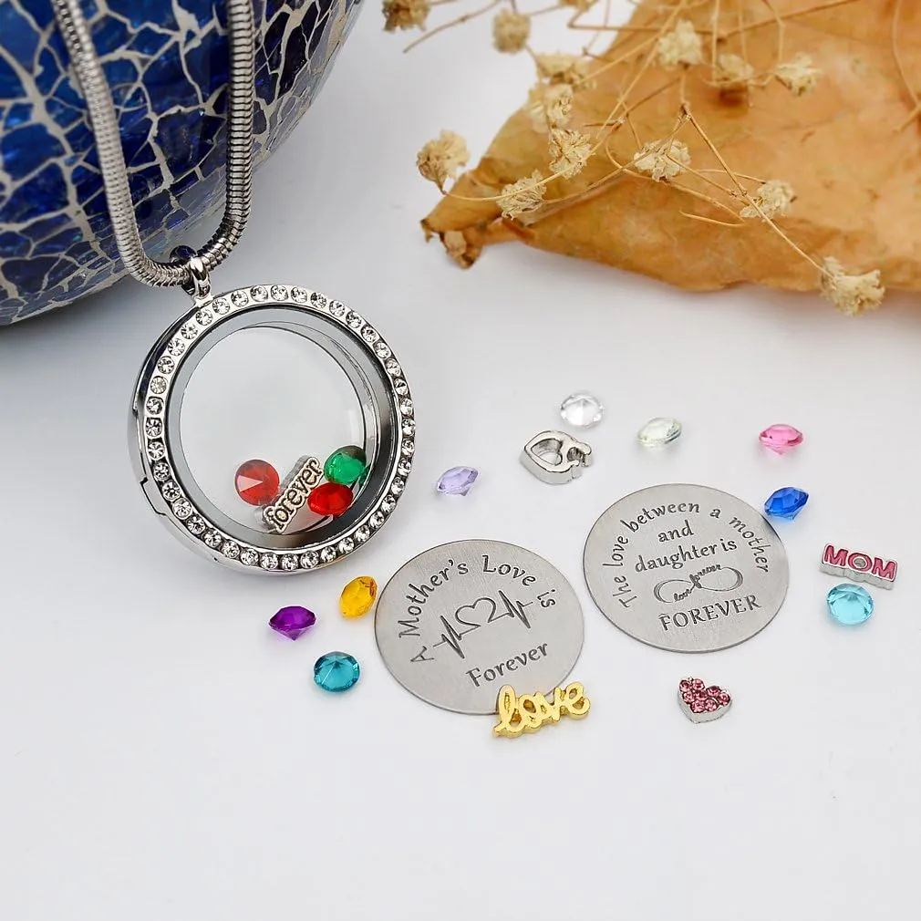 Best Gift Floating Charm Living Memory Lockets with Birthstone, 30mm Stainless Steel Necklace
