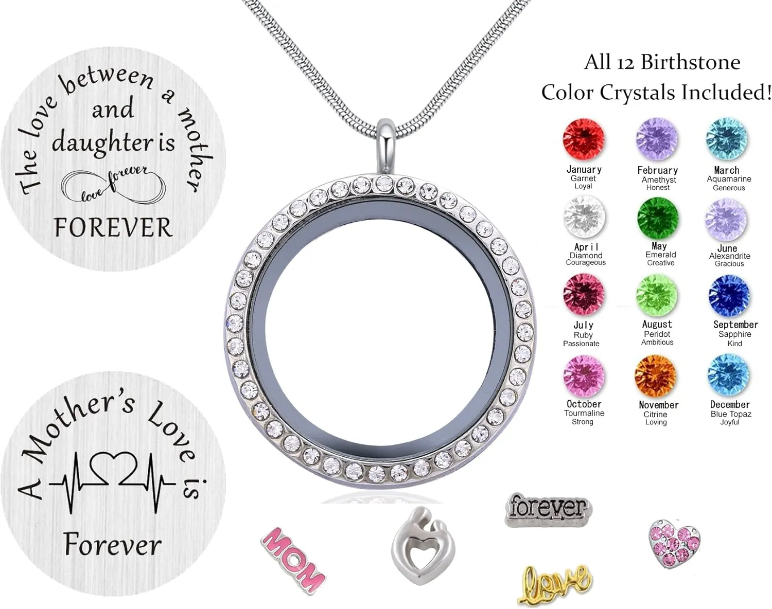 Best Gift Floating Charm Living Memory Lockets with Birthstone, 30mm Stainless Steel Necklace