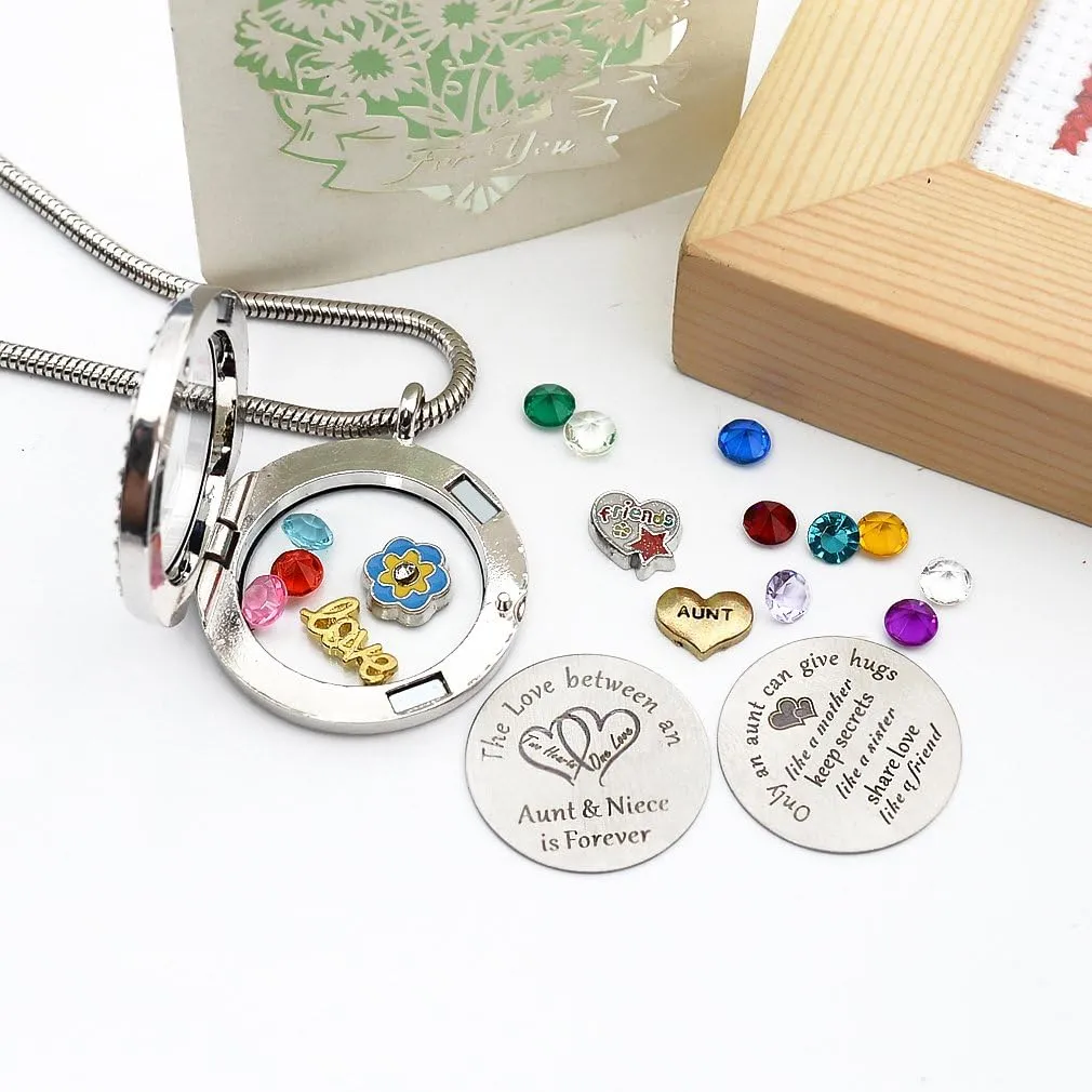 Best Gifts for Niece Aunt, Floating Living Memory Locket Necklace Pendant with Charm & Birthstone for Women