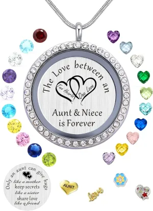 Best Gifts for Niece Aunt, Floating Living Memory Locket Necklace Pendant with Charm & Birthstone for Women