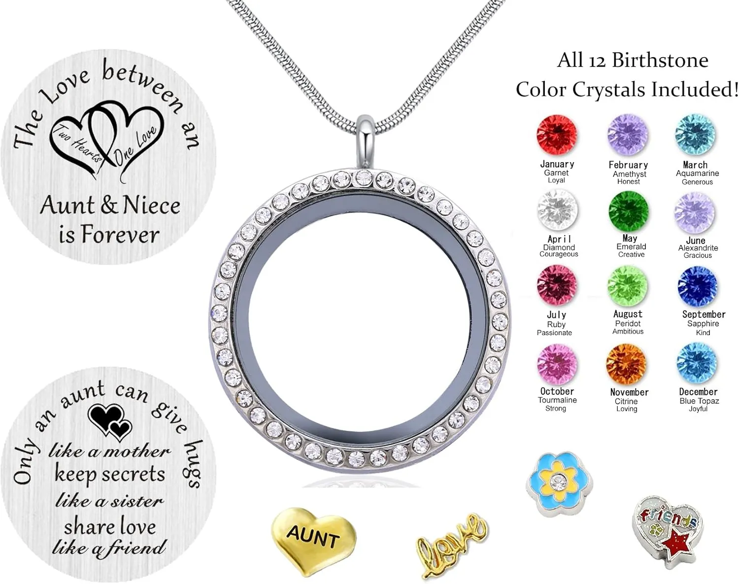 Best Gifts for Niece Aunt, Floating Living Memory Locket Necklace Pendant with Charm & Birthstone for Women