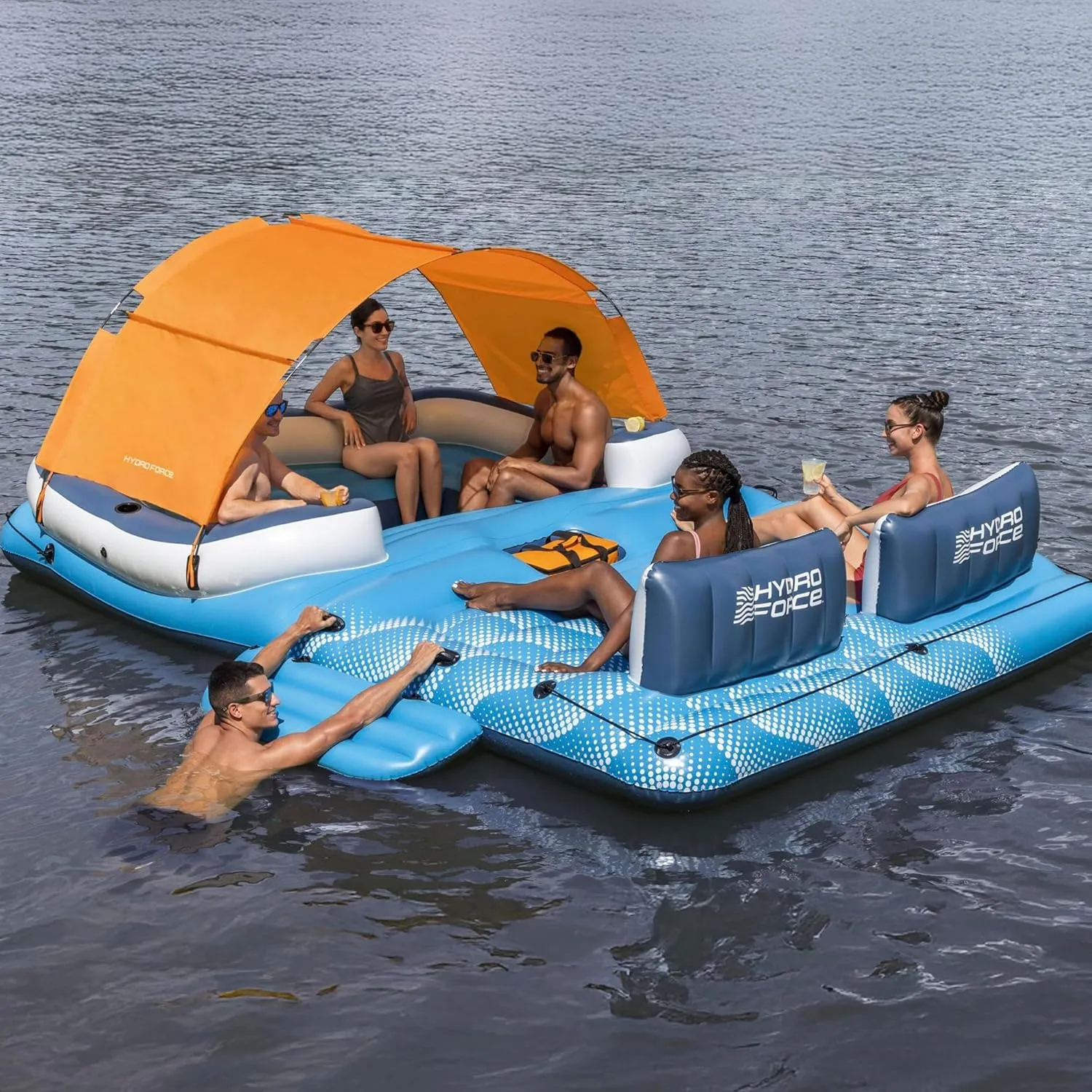 Bestway CoolerZ Tropical Breeze 6 Person Inflatable Party Island Large Relaxing Water Float with Detachable Sunshade and Cooler Bag