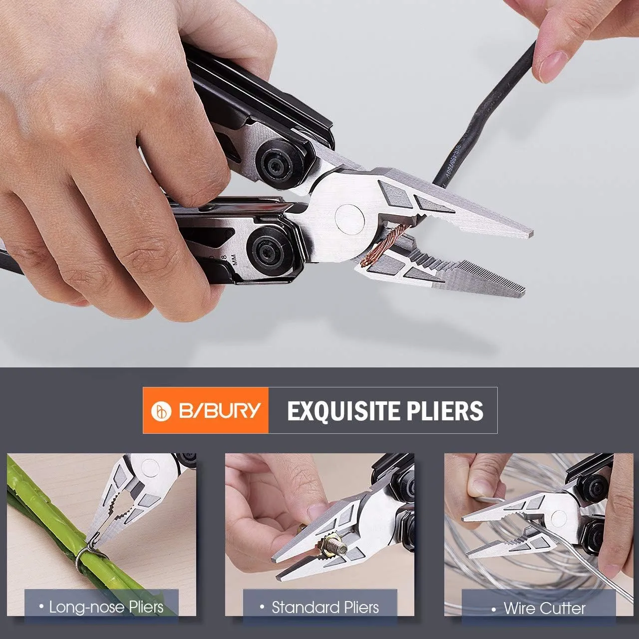 BIBURY Multitool Pliers, 18-in-1 Multi Tool with Safety Hammer, Safety Locking Design Stainless Steel Multifunction Pocket Knife for Outdoor, Survival, Camping, Hiking, Home Repair - Black