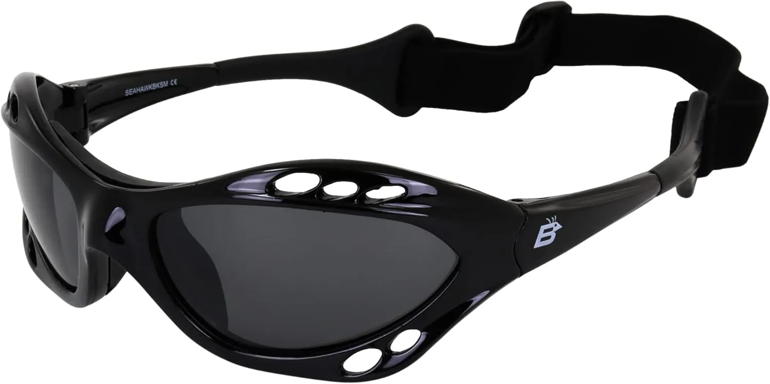 Birdz Eyewear Seahawk Water Sport Jet Ski Boating Surfing Surfer Surf Beach Sailing Fishing Kayak Canoe Goggle Kayaking Jetski Goggles Black Frame w/Polarized Smoke Lenses