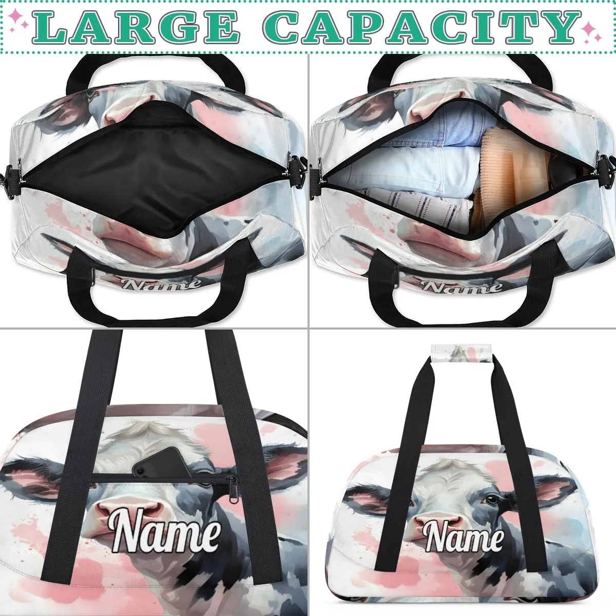 Black And White Cow Print Custom Name Sport Duffel Bag Dance Bag for Girls Teens Personalized Ballet Bag Gift for Birthday Christmas Helloween