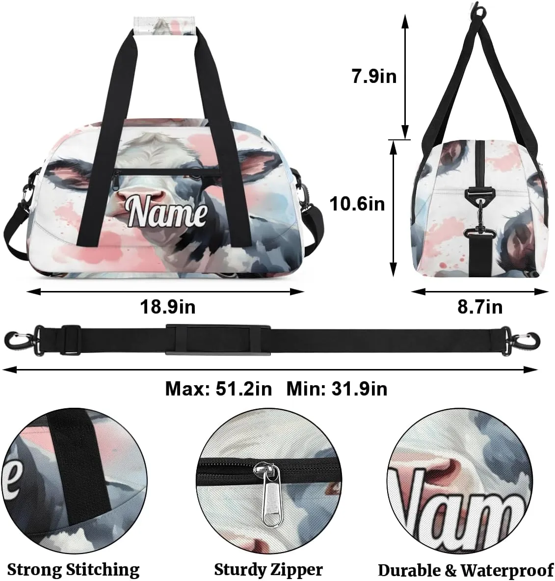 Black And White Cow Print Custom Name Sport Duffel Bag Dance Bag for Girls Teens Personalized Ballet Bag Gift for Birthday Christmas Helloween