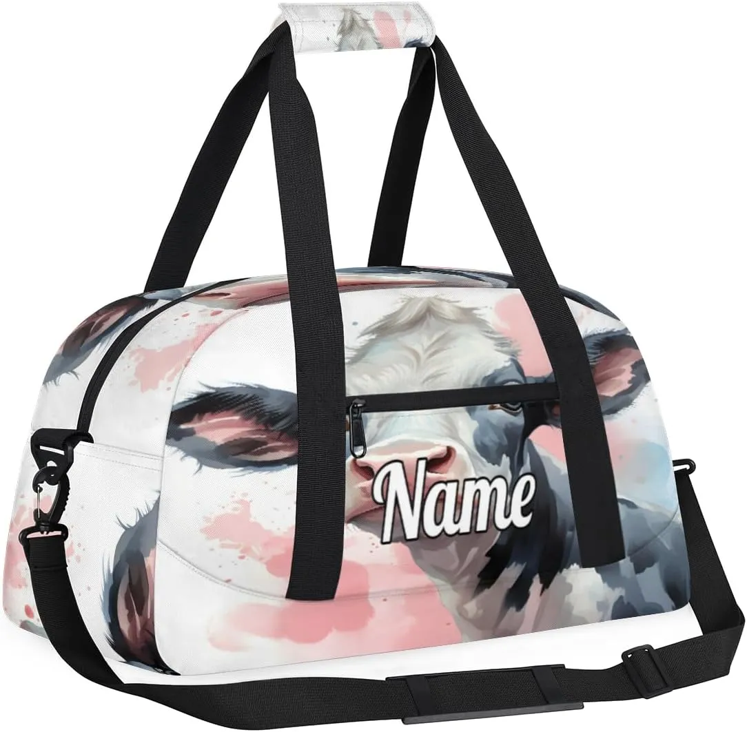 Black And White Cow Print Custom Name Sport Duffel Bag Dance Bag for Girls Teens Personalized Ballet Bag Gift for Birthday Christmas Helloween